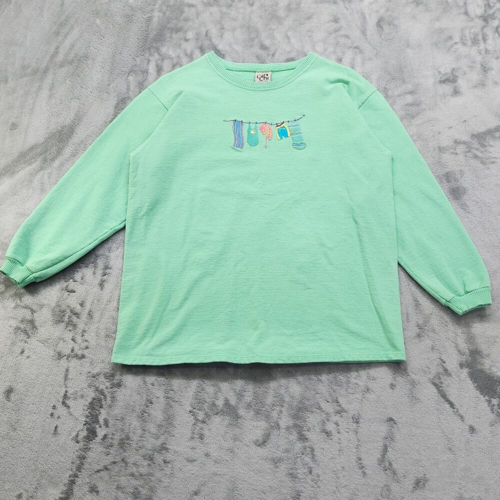 Vintage Cal Cru Sweatshirt Womens Size S/M Green Cotton‎ Crew Neck Embroidered